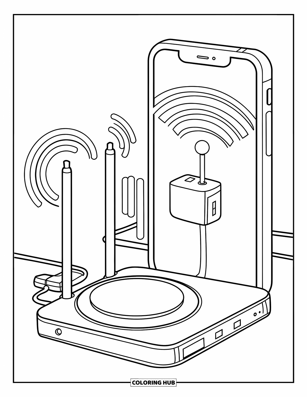 Technology Coloring Page for Kids: Phone, USB stick, and router connect with bright signal lines
