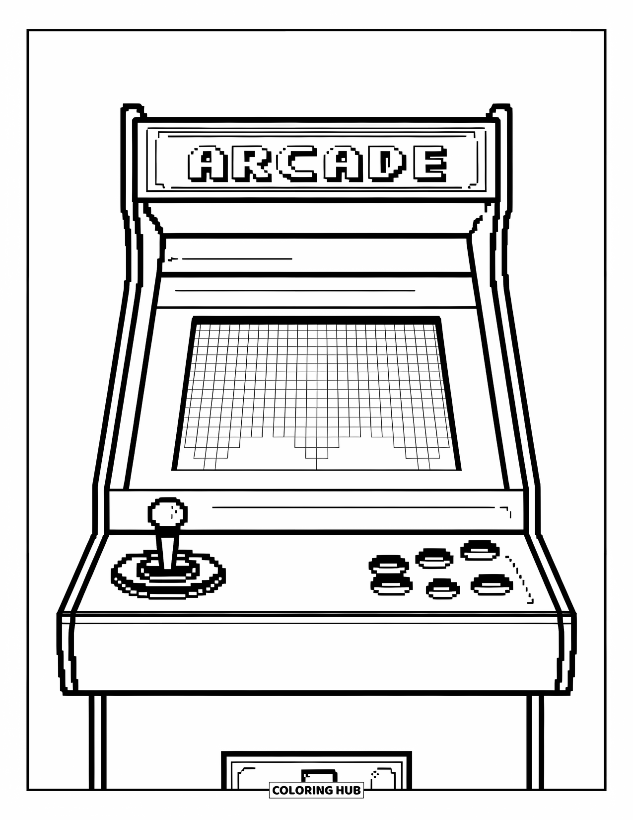 Technology Coloring Page for Kids: Retro arcade machine with joystick and pixel display ready to play