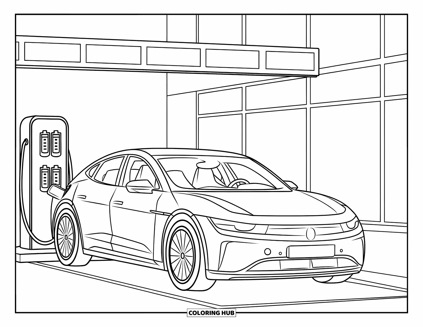 Technology Coloring Page for Kids: Sleek electric car charges beside a modern building with battery icons glowing