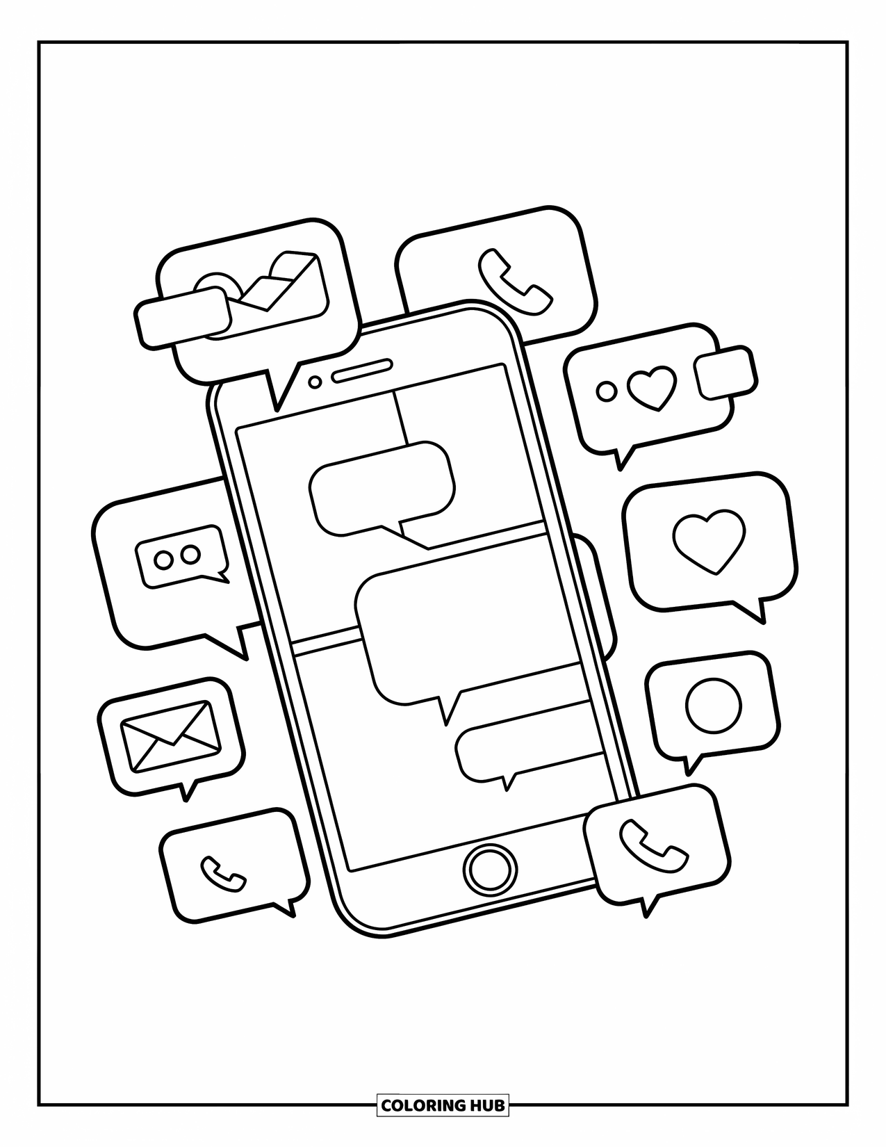 Technology Coloring Page for Kids: Smartphone shows calls, messages, and fun icons all around
