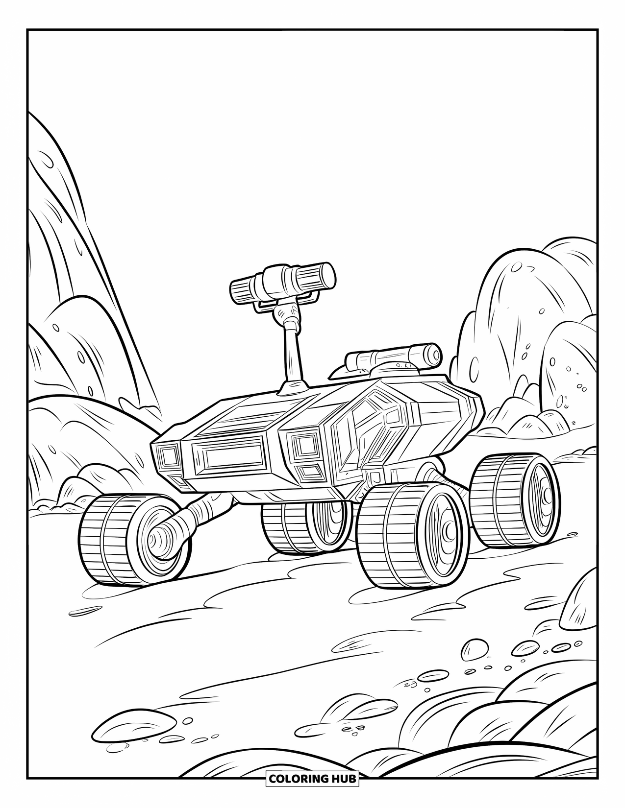 Technology Coloring Page for Kids: Space rover rolls over rocks with a camera and bold design