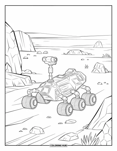 Technology Coloring Page for Kids: Space rover travels rocky terrain beneath a wide, open sky