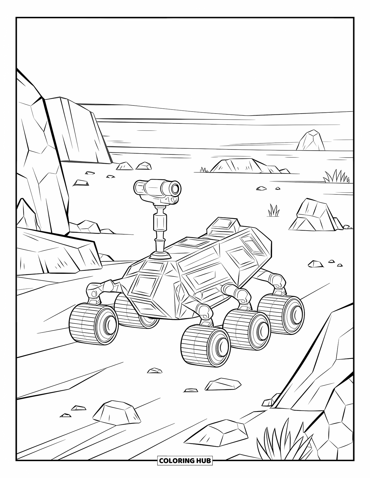 Technology Coloring Page for Kids: Space rover travels rocky terrain beneath a wide, open sky