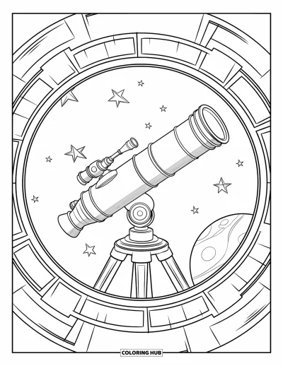 Technology Coloring Page for Kids: Space telescope points to stars through glowing celestial paths