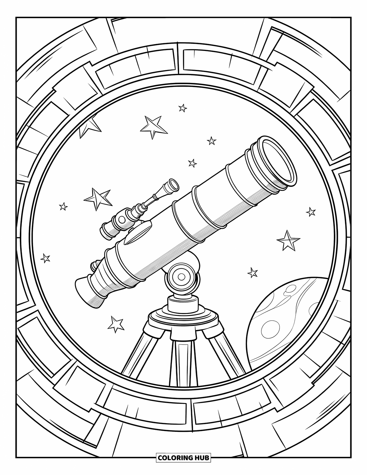 Technology Coloring Page for Kids: Space telescope points to stars through glowing celestial paths
