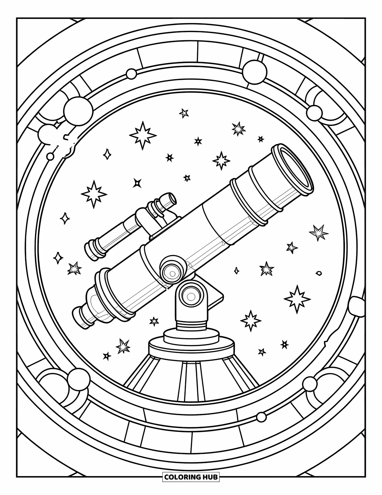 Technology Coloring Page for Kids: Telescope gazes at stars in a peaceful, starry sky