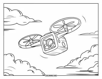 Technology Coloring Page for Kids: Toy drone with twin propellers flies through fluffy clouds