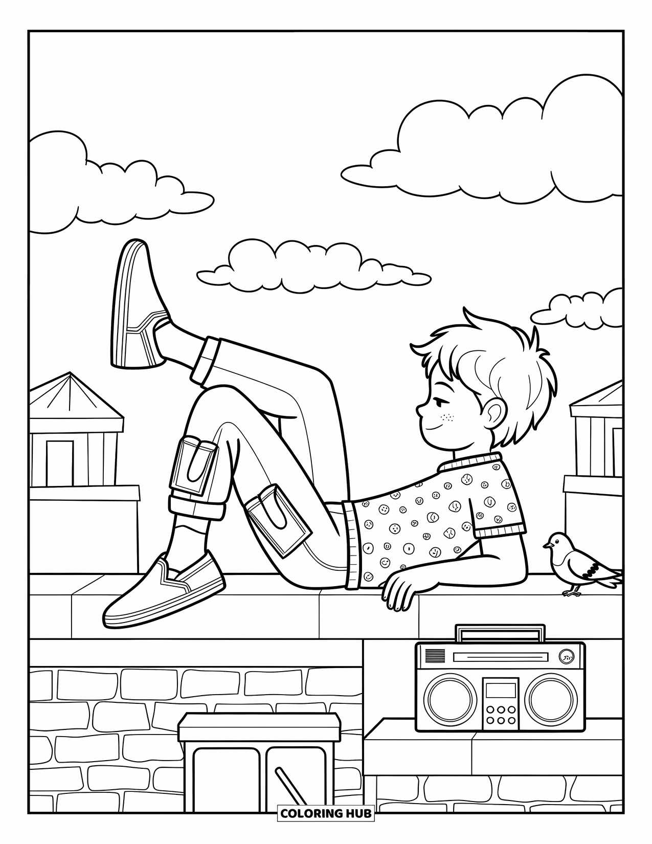 Teen Boy Coloring Page for Adults: A boy enjoys a quiet moment on a rooftop with clouds above