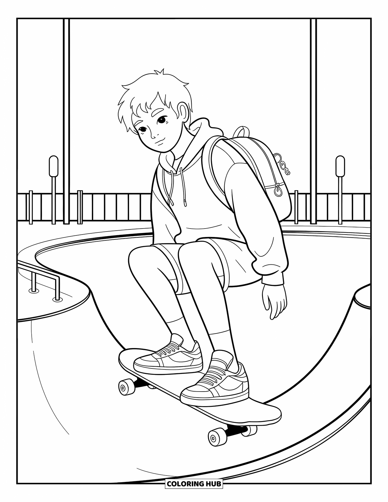 Teen Boy Coloring Page for Adults: A boy focuses before riding down a sunny skate ramp