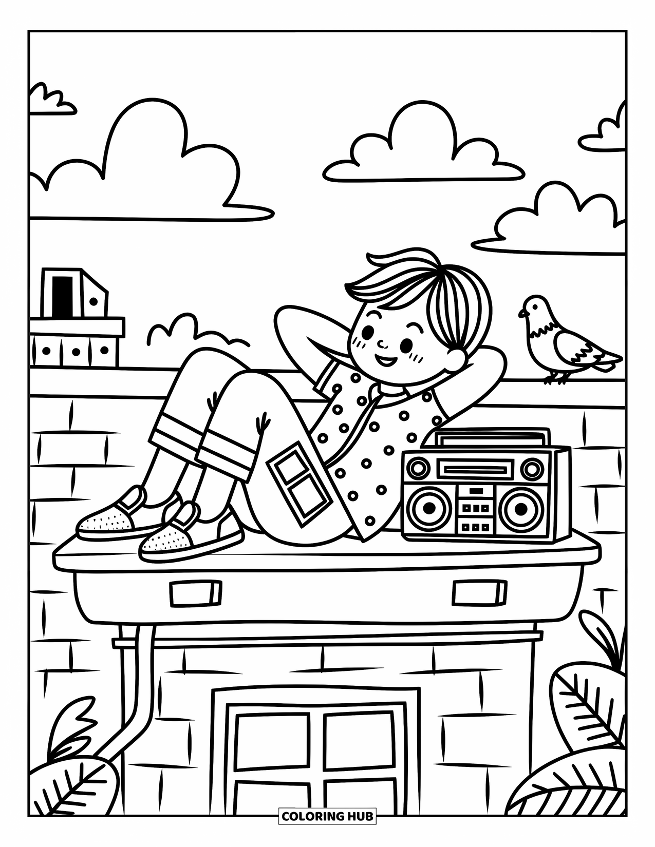 Teen Boy Coloring Page for Adults: A boy lounges on a rooftop beside a boombox and a curious pigeon