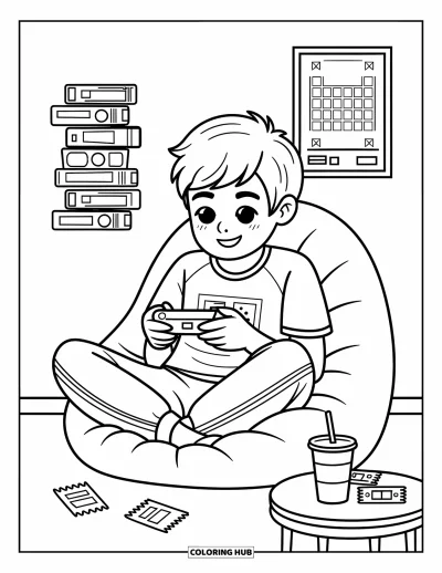Ζωγραφιά με έφηβο αγόρι για μεγάλους: Ένα αγόρι χαλαρώνει σε πουφ παίζοντας φορητό παιχνίδι