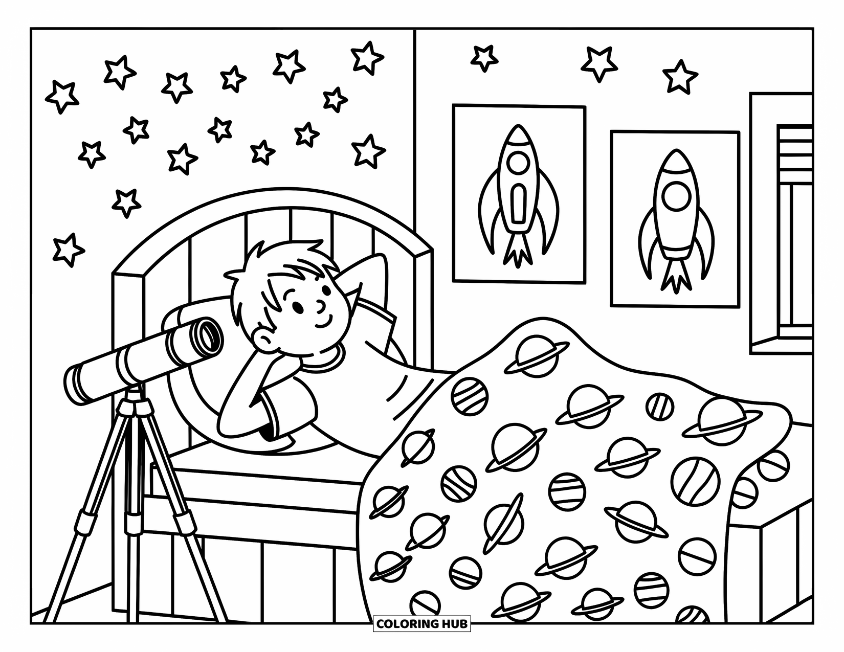 Teen Boy Coloring Page for Adults: A child daydreams under glow-in-the-dark stars in a peaceful bedroom