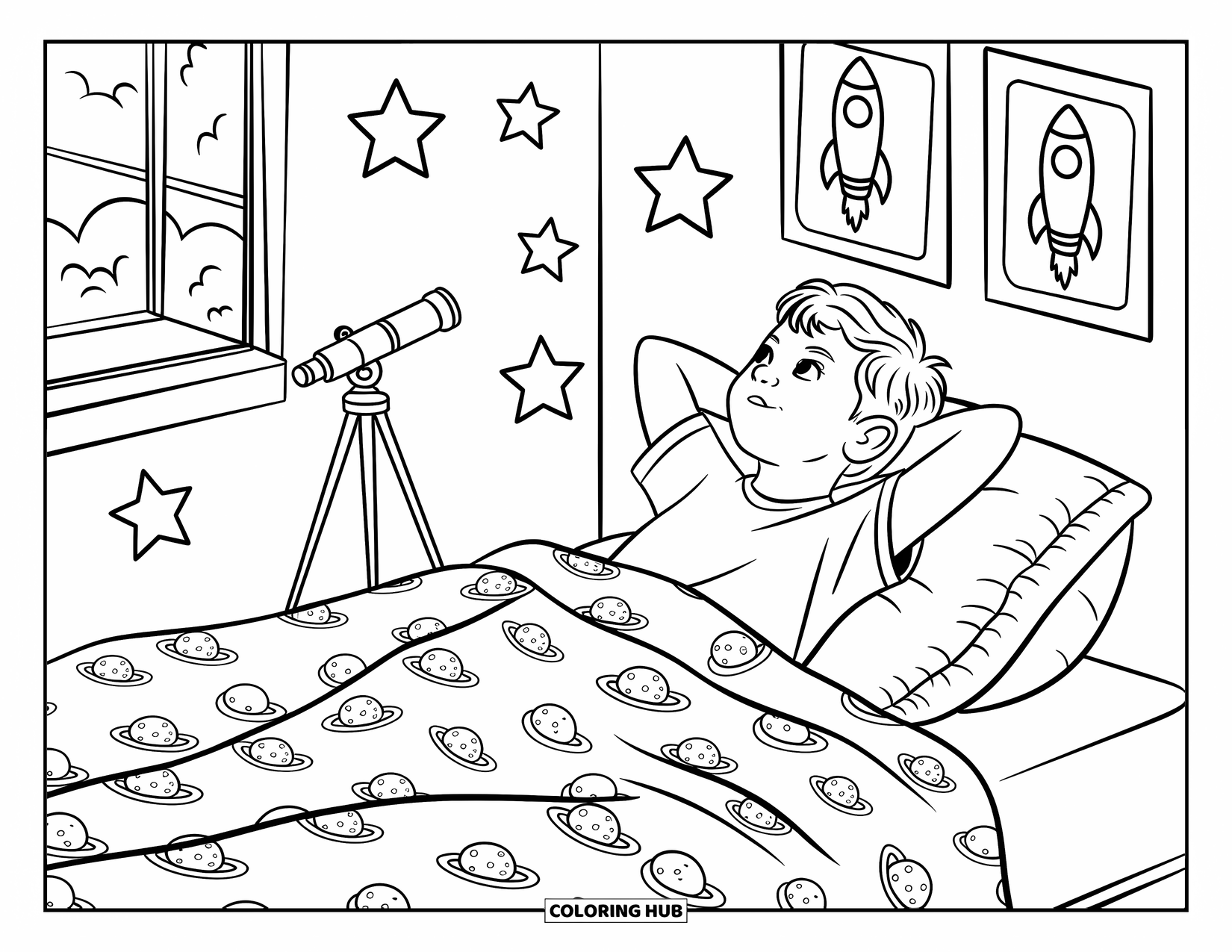 Teen Boy Coloring Page for Adults: A child relaxes under starry stickers, dreaming beside his telescope