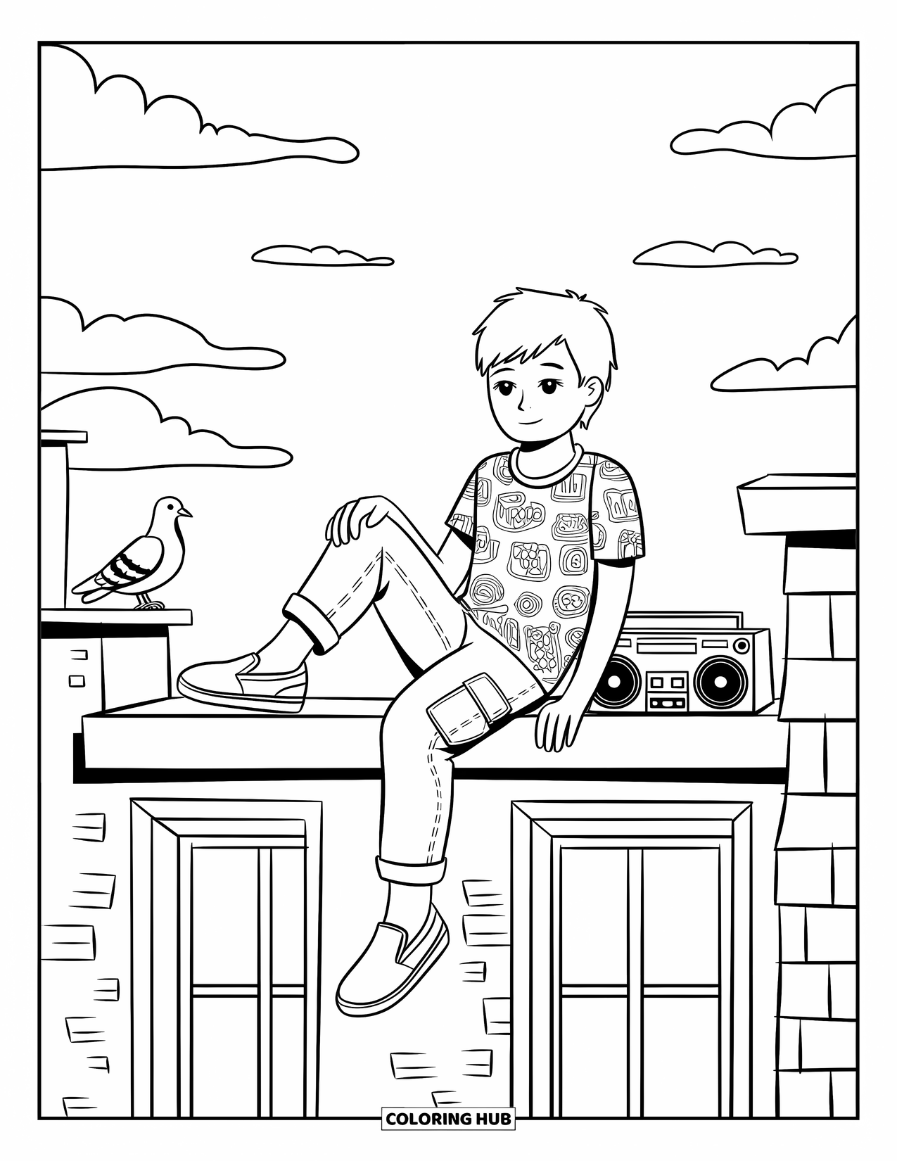 Teen Boy Coloring Page for Adults: A relaxed teen sits on a rooftop ledge with a pigeon nearby