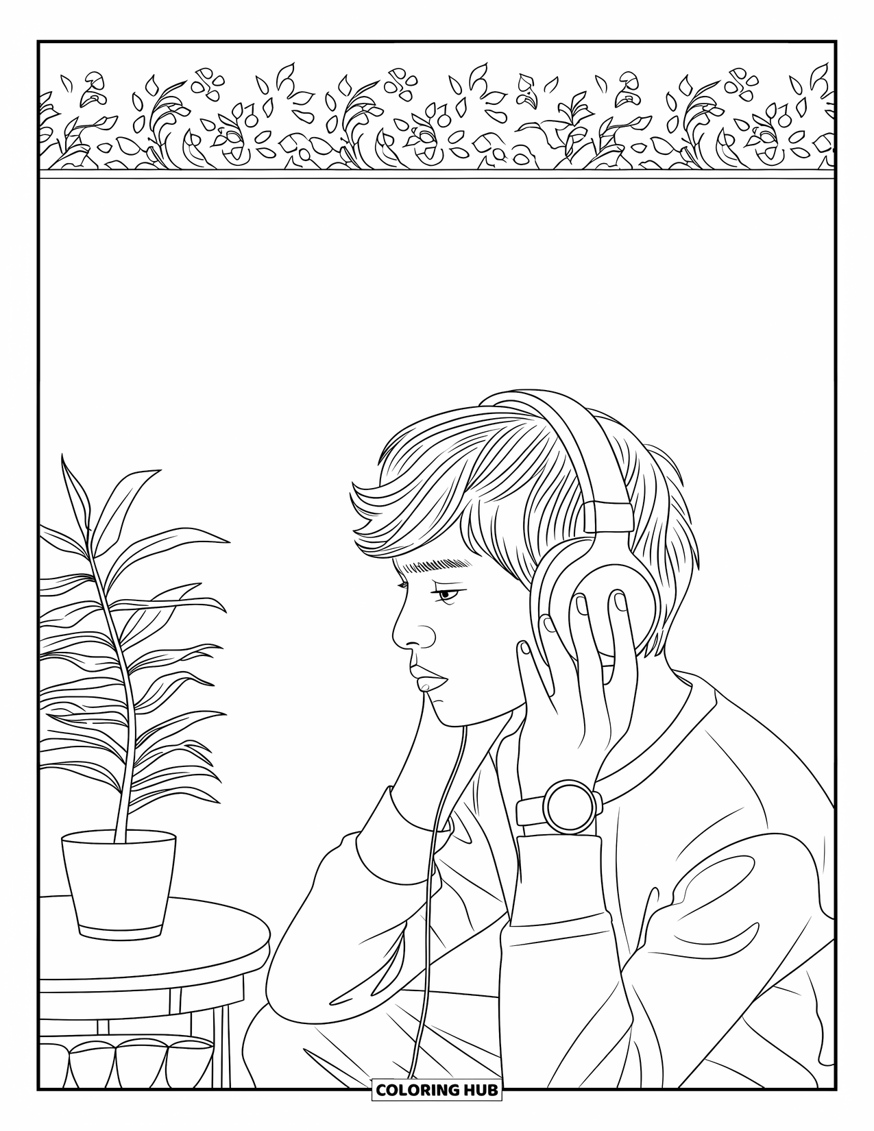 Teen Boy Coloring Page for Adults: A teen enjoys music in a cozy room with patterned wallpaper