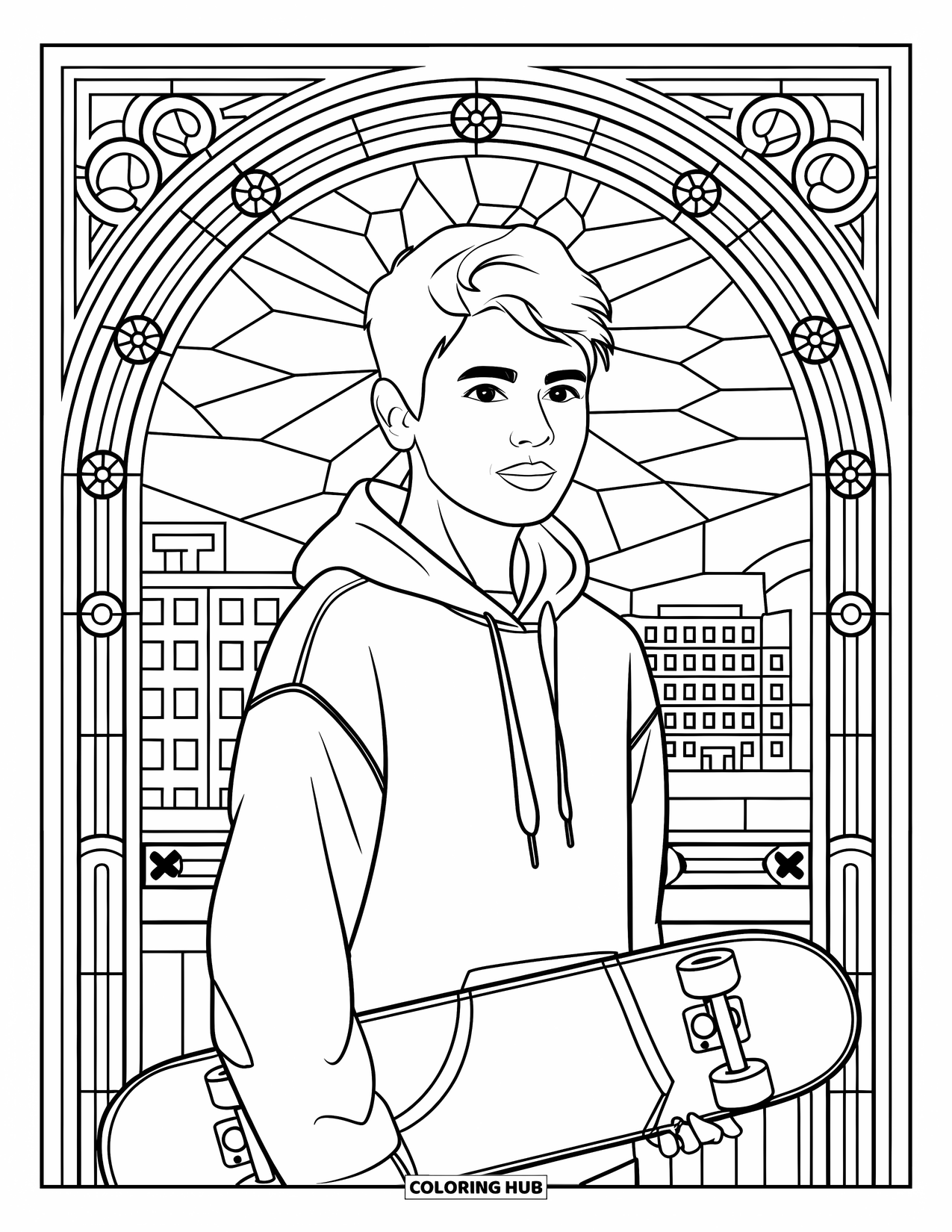 Teen Boy Coloring Page for Adults: A teen holds a skateboard beneath a patterned stained glass arch