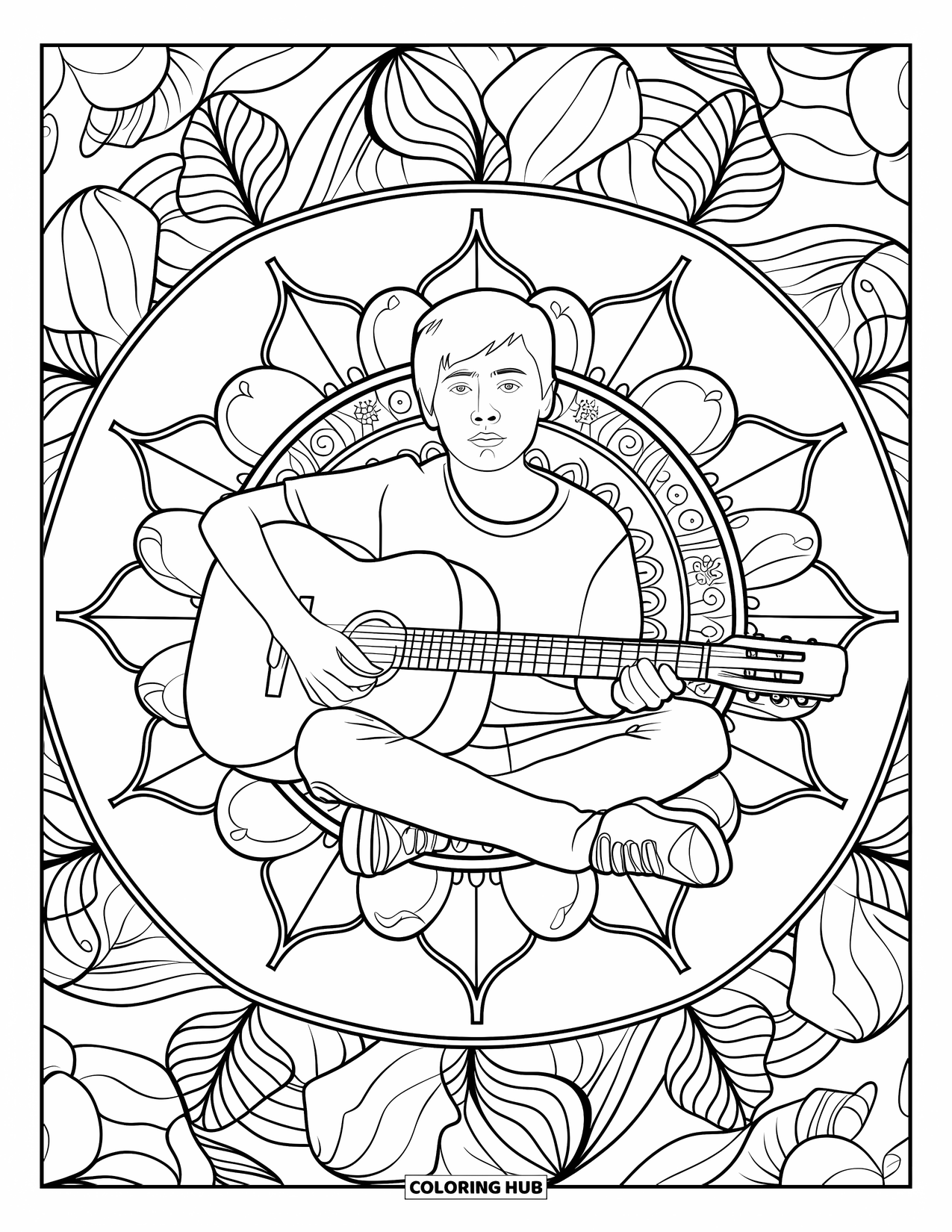 Teen Boy Coloring Page for Adults: A teen strums his guitar inside a mandala of flowers and swirls