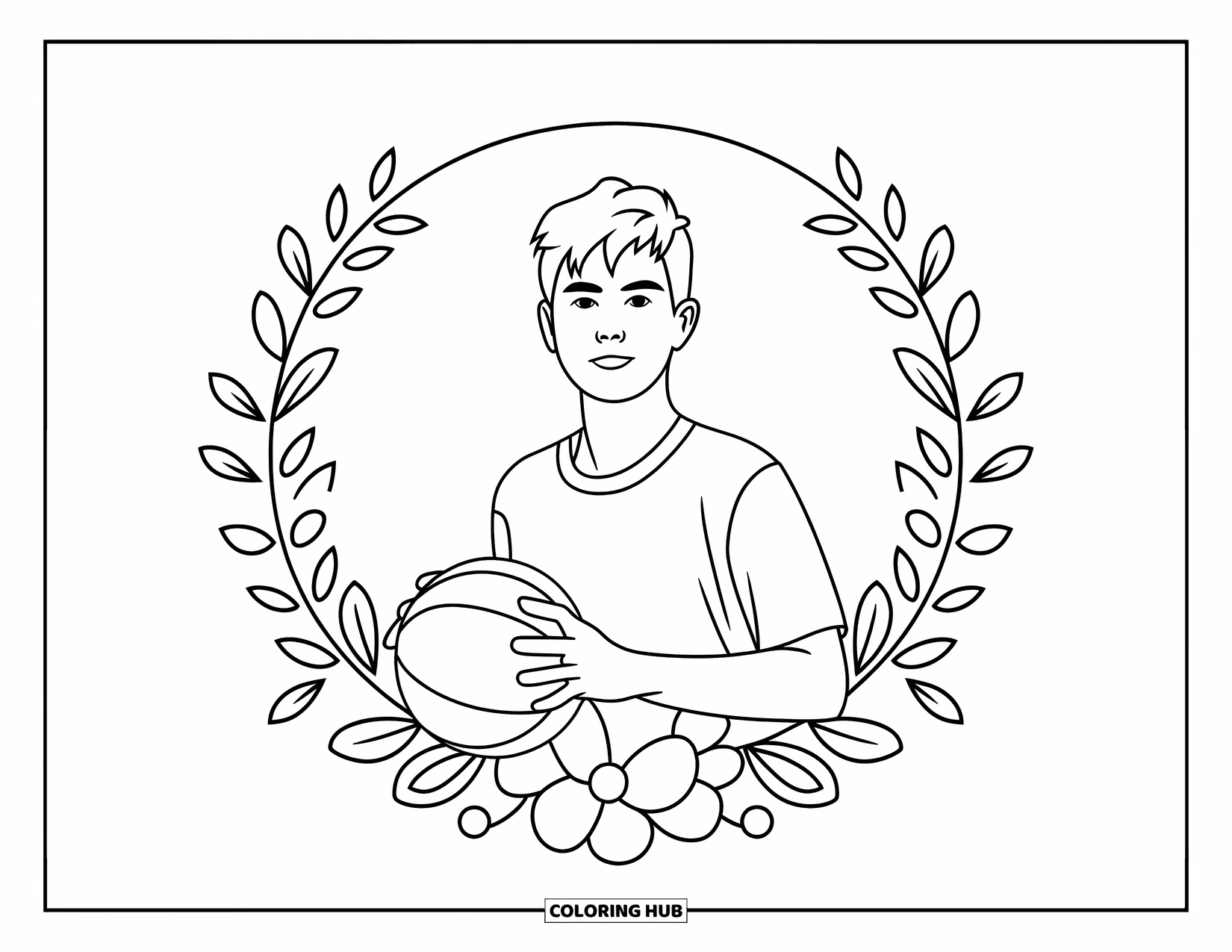 Teen Boy Coloring Page for Adults: A teen with a basketball framed by elegant leaf arcs