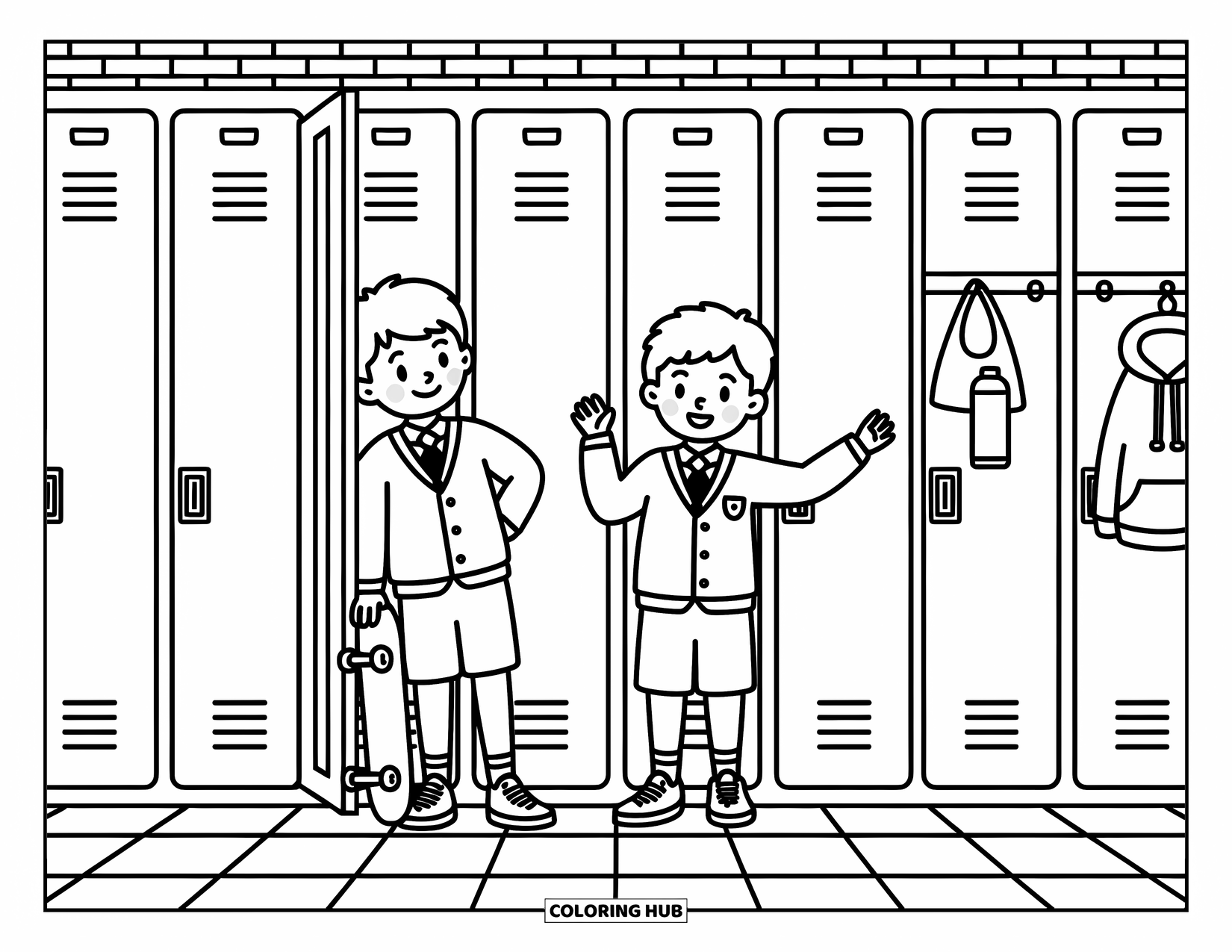 Teen Boy Coloring Page for Adults: Friends laugh in a school hallway lined with lockers and stickers