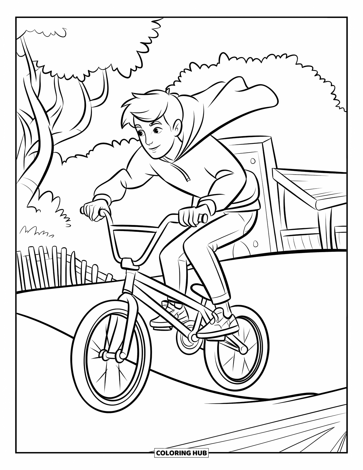 Teen Boy Coloring Page for Kids: A boy performs a BMX jump wearing a hoodie in a park