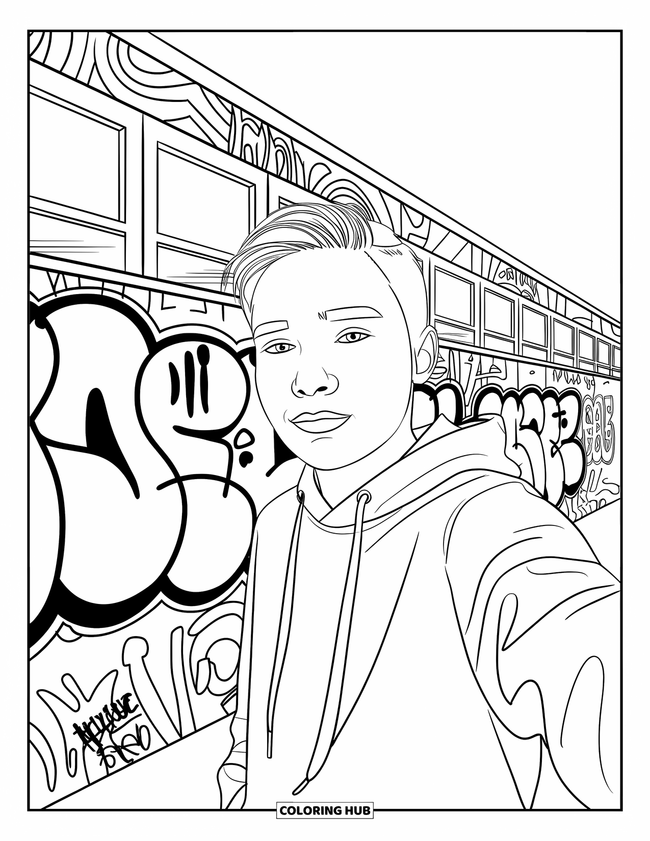 Teen Boy Coloring Page for Kids: A boy poses for a selfie against a wall full of graffiti tags