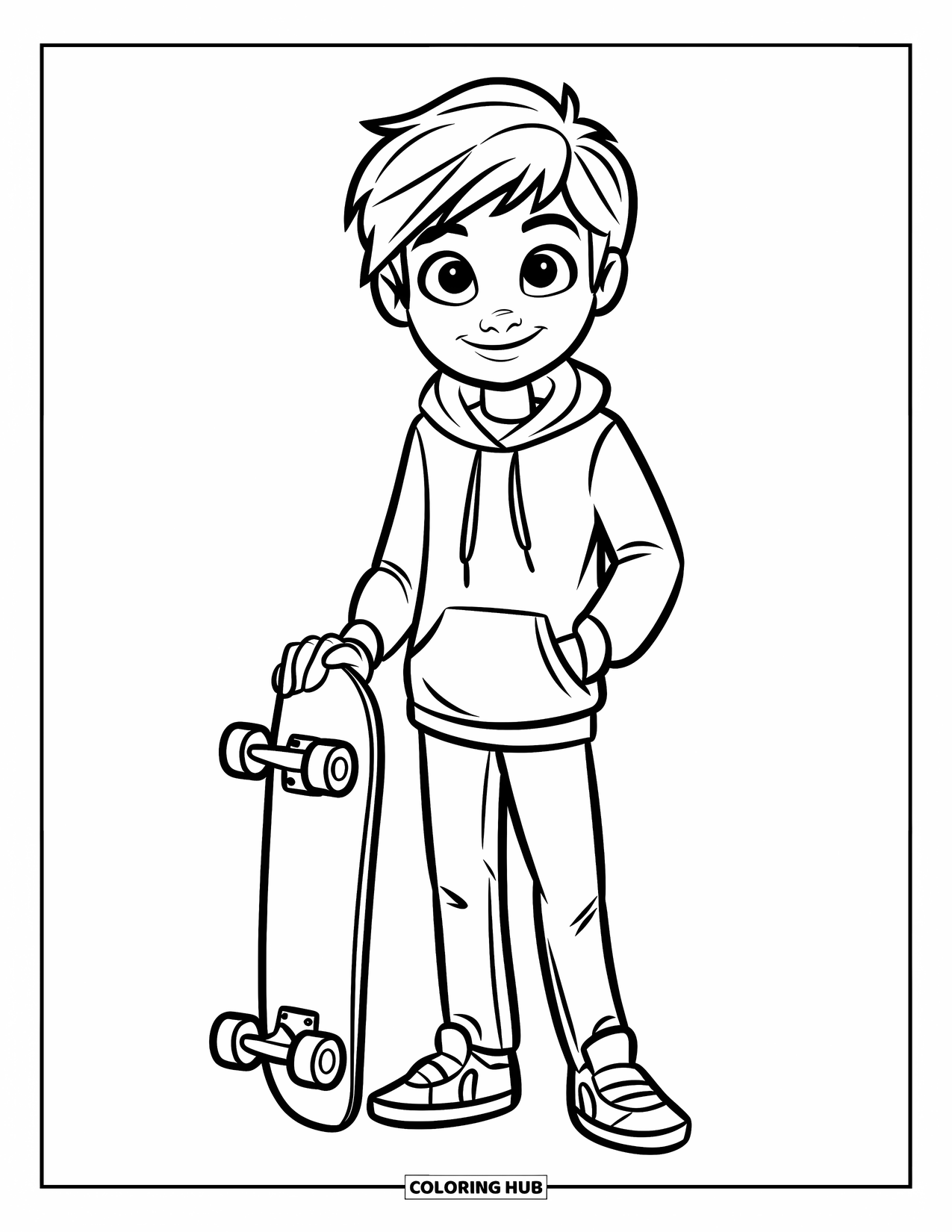 Teen Boy Coloring Page for Kids: A boy stands next to his skateboard, waving with a grin