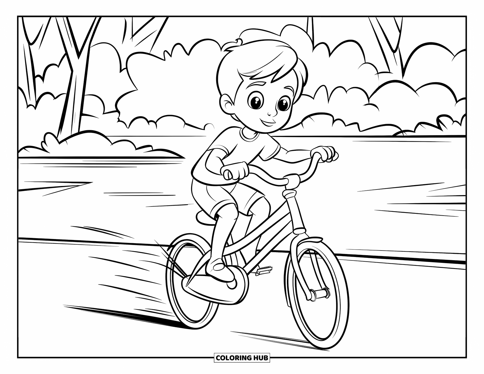 Teen Boy Coloring Page for Kids: A cyclist rides through nature with motion lines showing speed