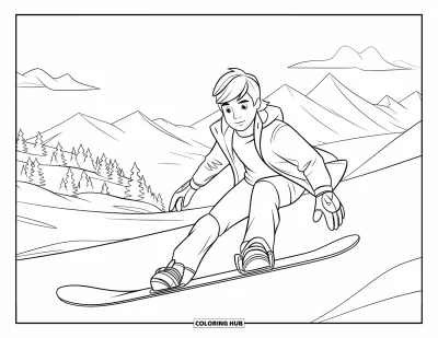 Ζωγραφιά με έφηβο αγόρι για παιδιά: Ένας snowboarder κατεβαίνει χιονισμένες πλαγιές με δέντρα στο βάθος