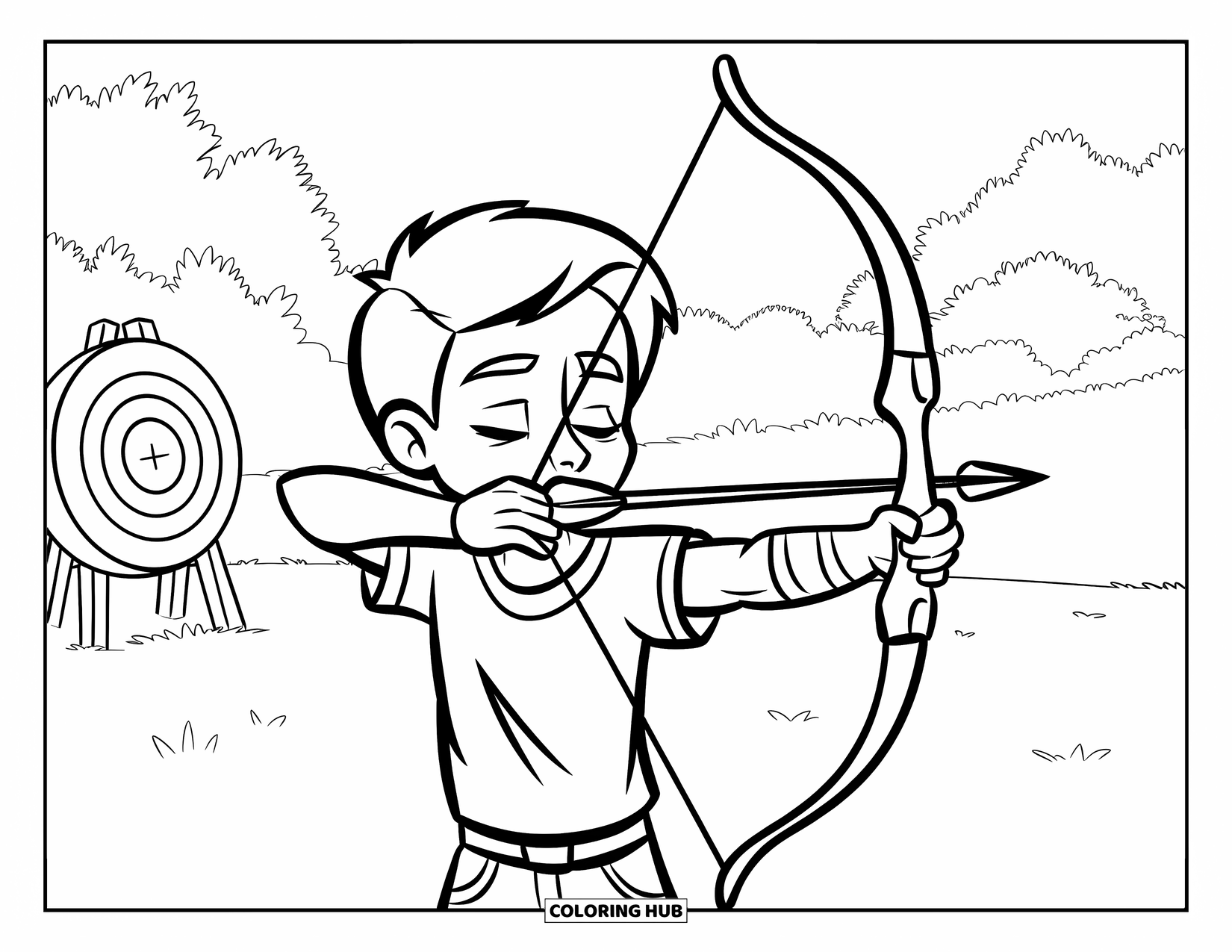 Teen Boy Coloring Page for Kids: A teen boy practices archery on a grassy field surrounded by trees