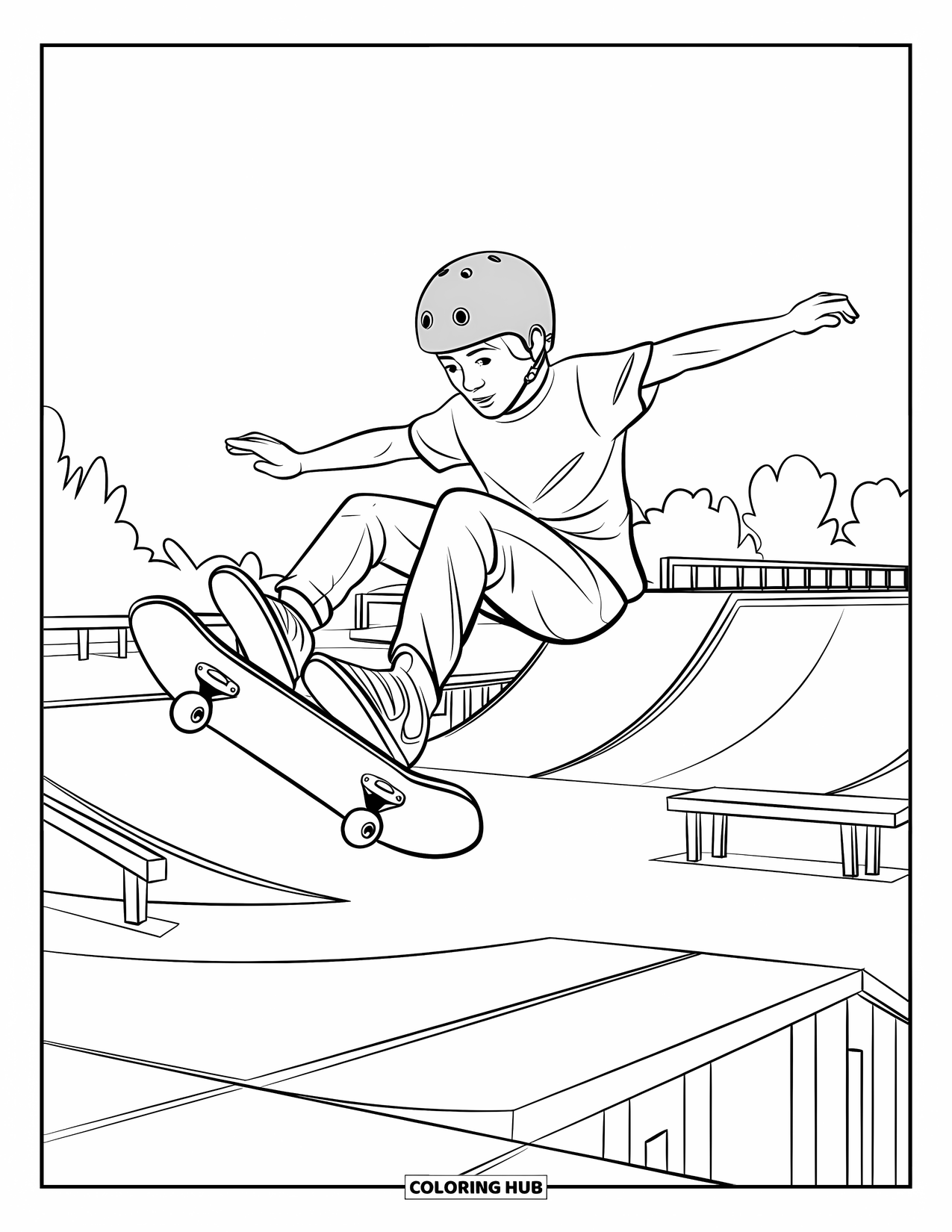 Teen Boy Coloring Page for Kids: A teen does a kickflip wearing a helmet at the skatepark