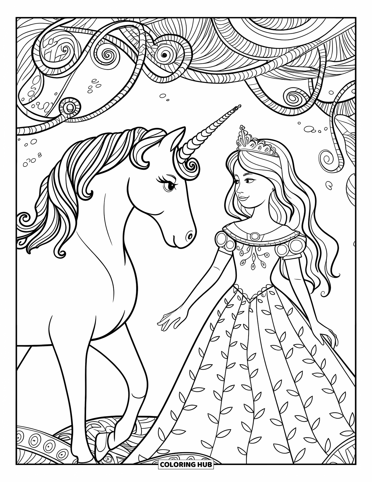 Unicorn And Princess Coloring Page for Adults: A crowned unicorn and princess beneath curling vines and patterns