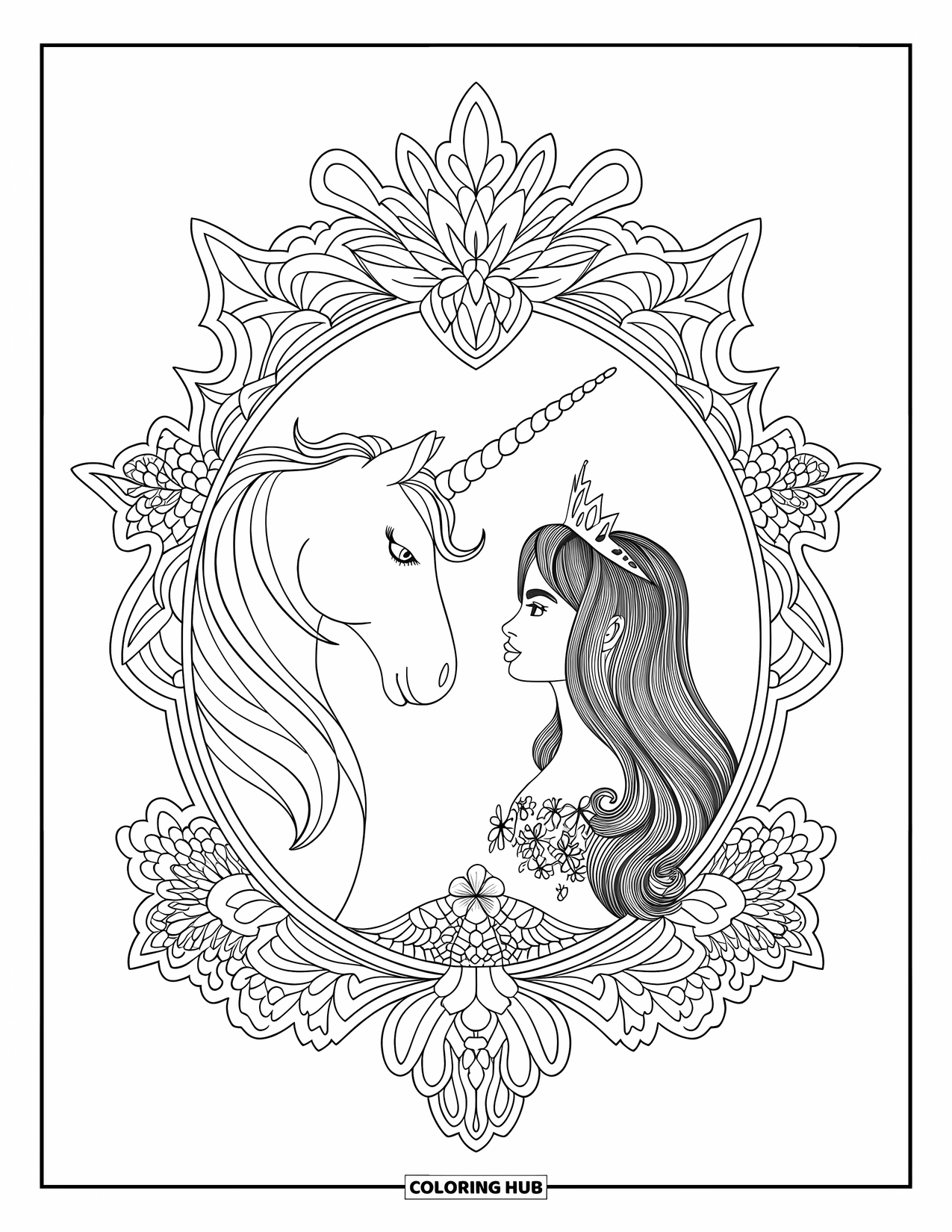 Unicorn And Princess Coloring Page for Adults: A crowned unicorn and princess meet inside an ornate mandala