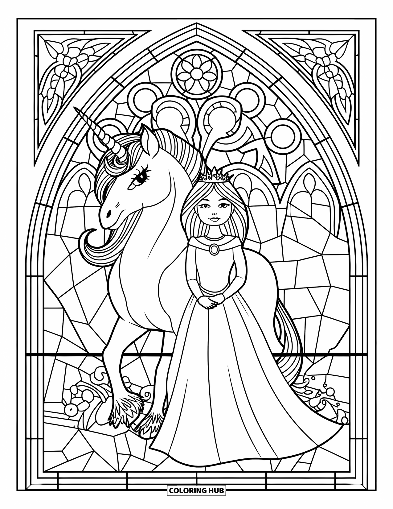 Unicorn And Princess Coloring Page for Adults: A crowned unicorn and princess within an ornate stained glass frame