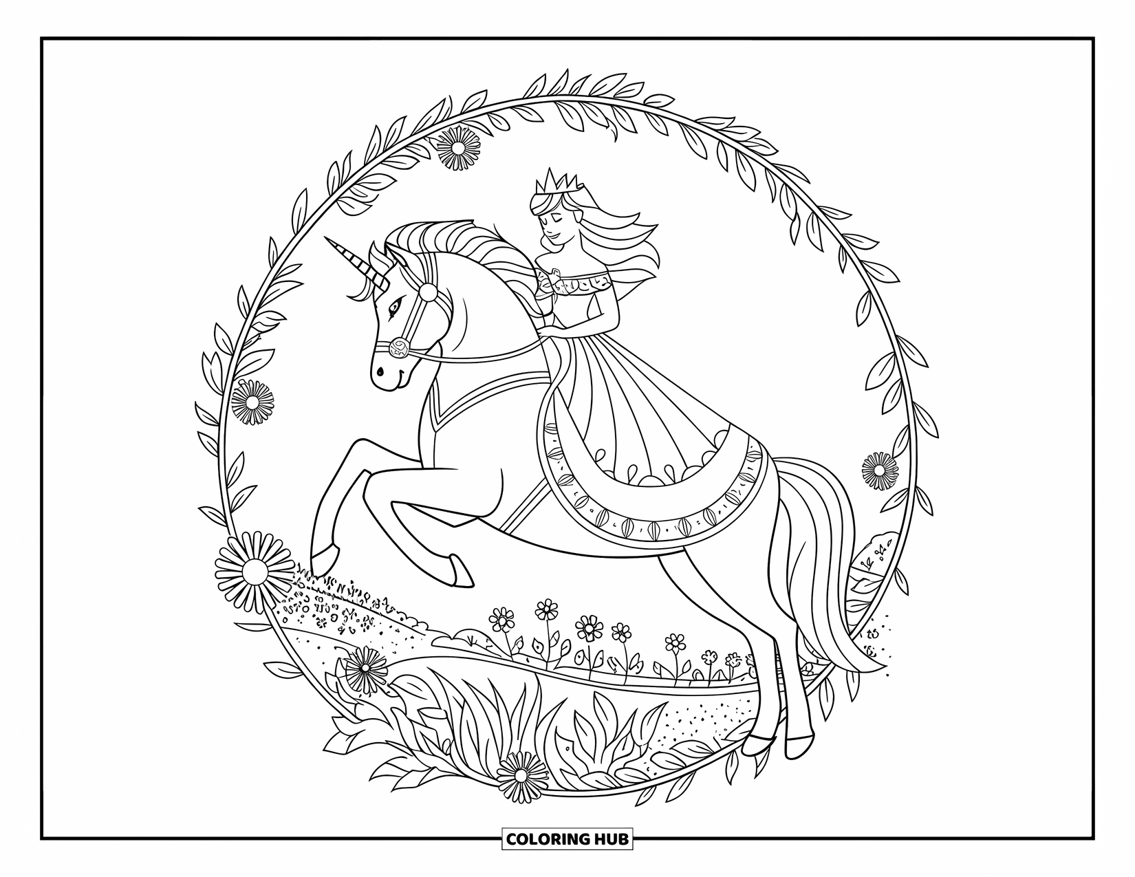Unicorn And Princess Coloring Page for Adults: A leaping princess and unicorn surrounded by a lush garden border