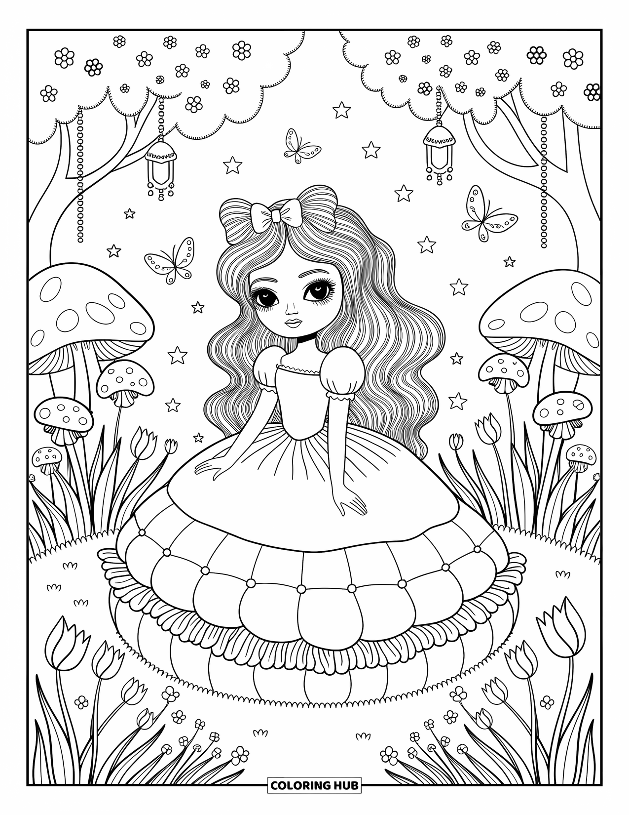 Unicorn And Princess Coloring Page for Adults: A peaceful garden scene with a princess, unicorn, and fluttering butterflies