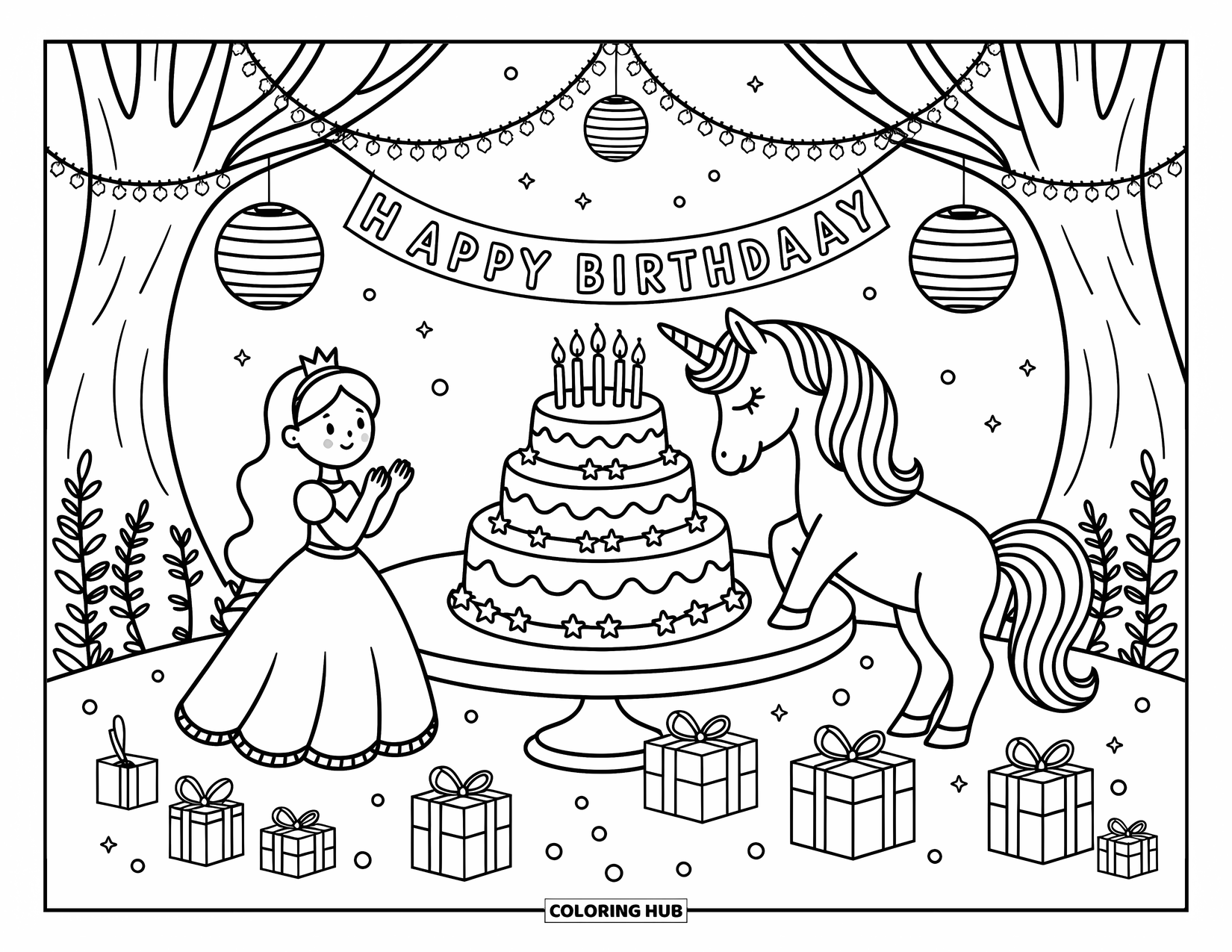Unicorn And Princess Coloring Page for Adults: A princess and unicorn celebrate a cozy birthday in a glowing garden