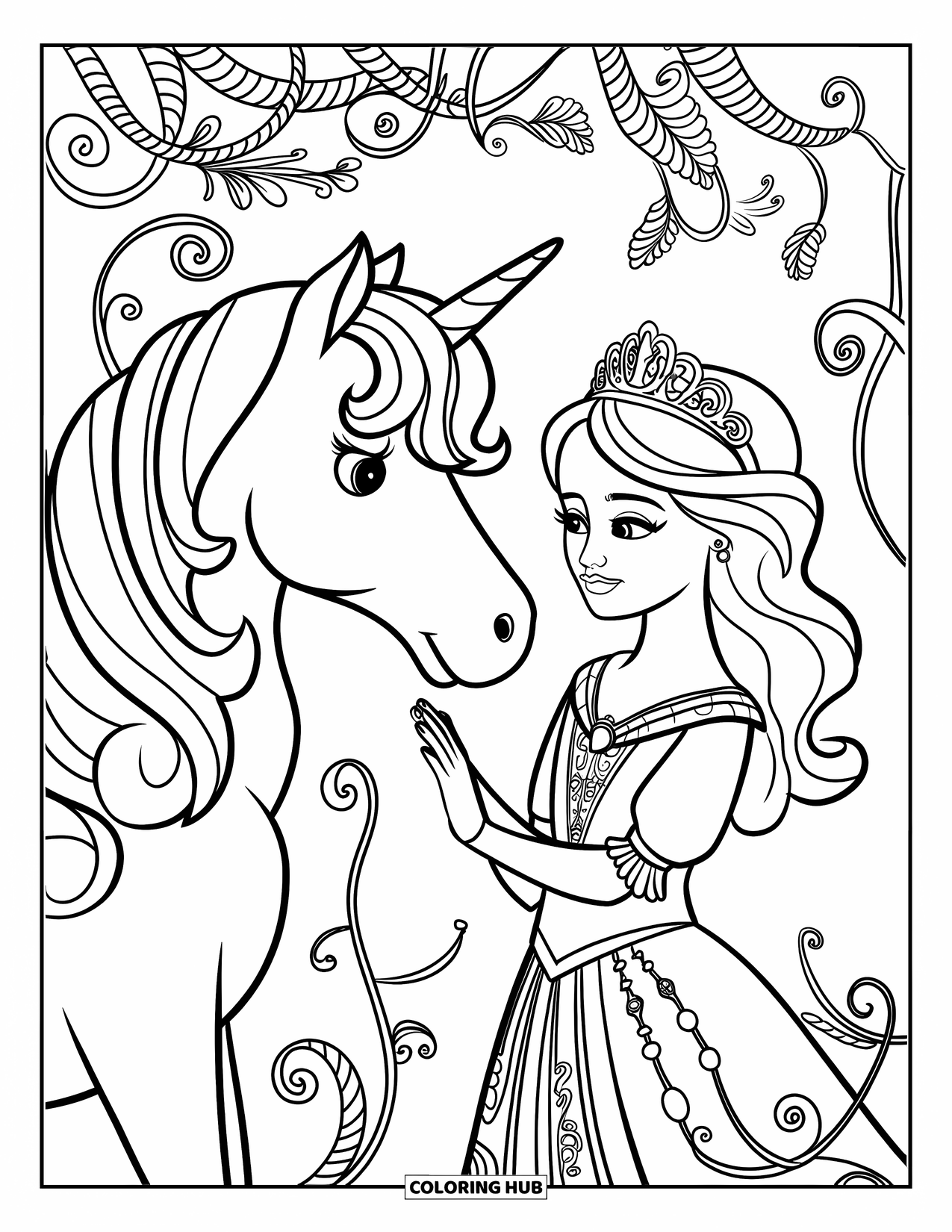 Unicorn And Princess Coloring Page for Adults: A princess and unicorn hold hands beneath swirling vines