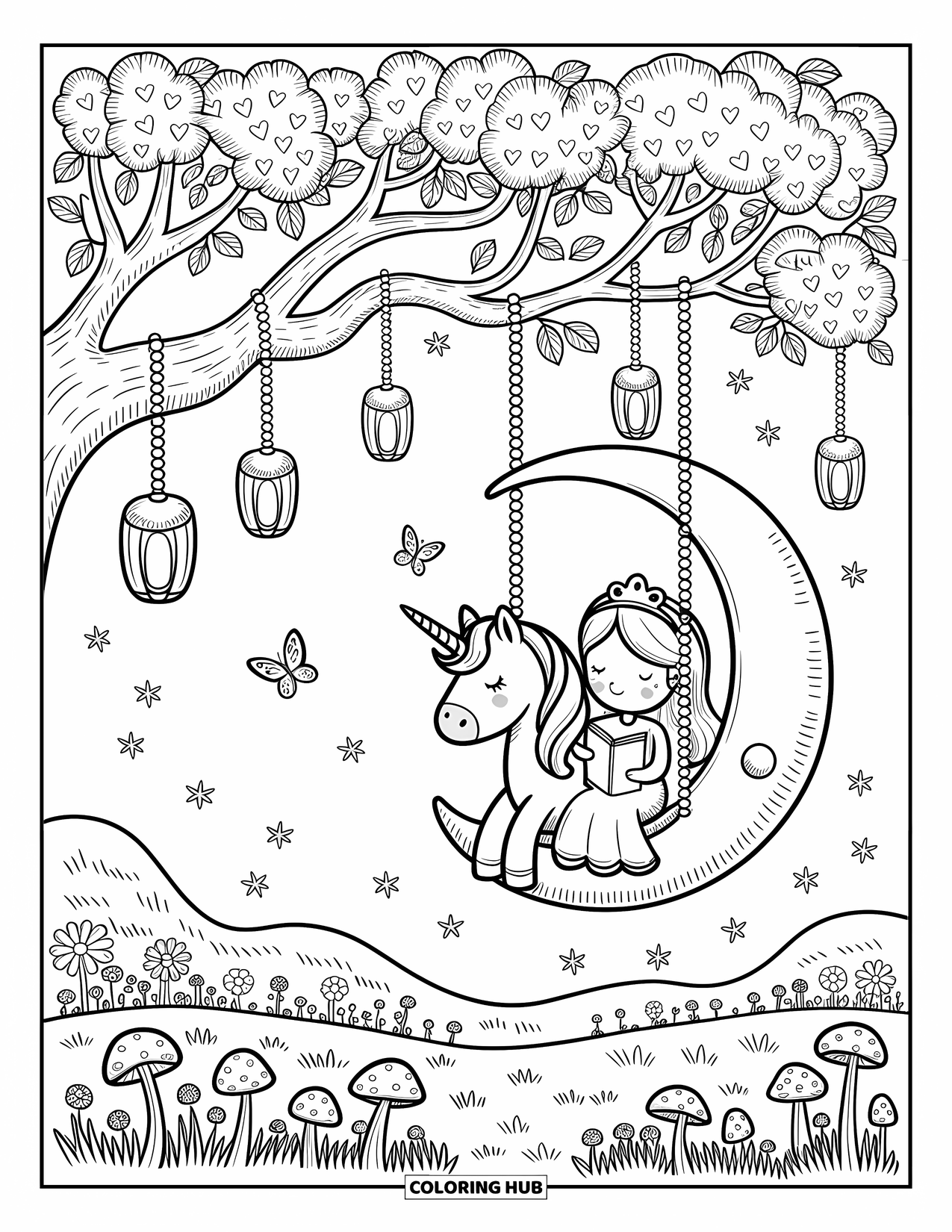 Unicorn And Princess Coloring Page for Adults: A princess and unicorn rest on a moon swing beneath glowing lanterns
