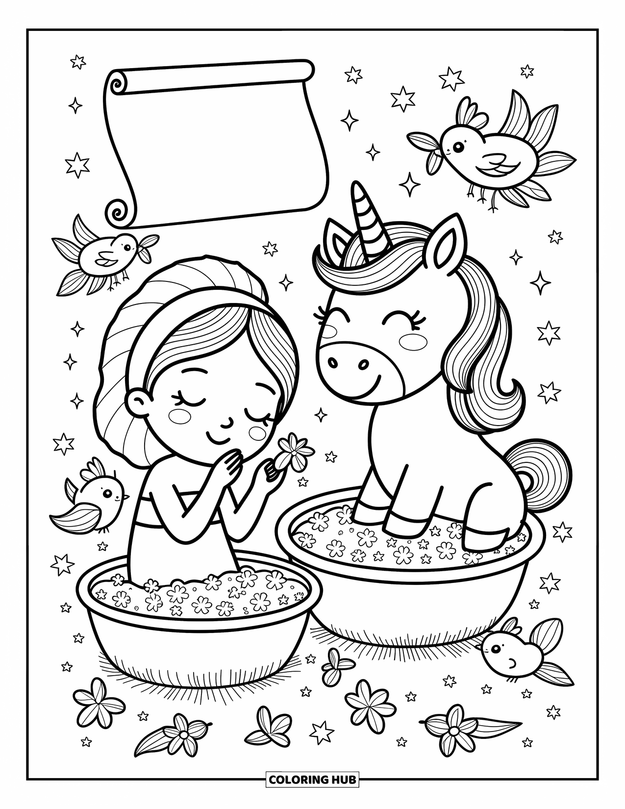 Unicorn And Princess Coloring Page for Adults: A princess and unicorn rest with face masks and tiny towel helpers