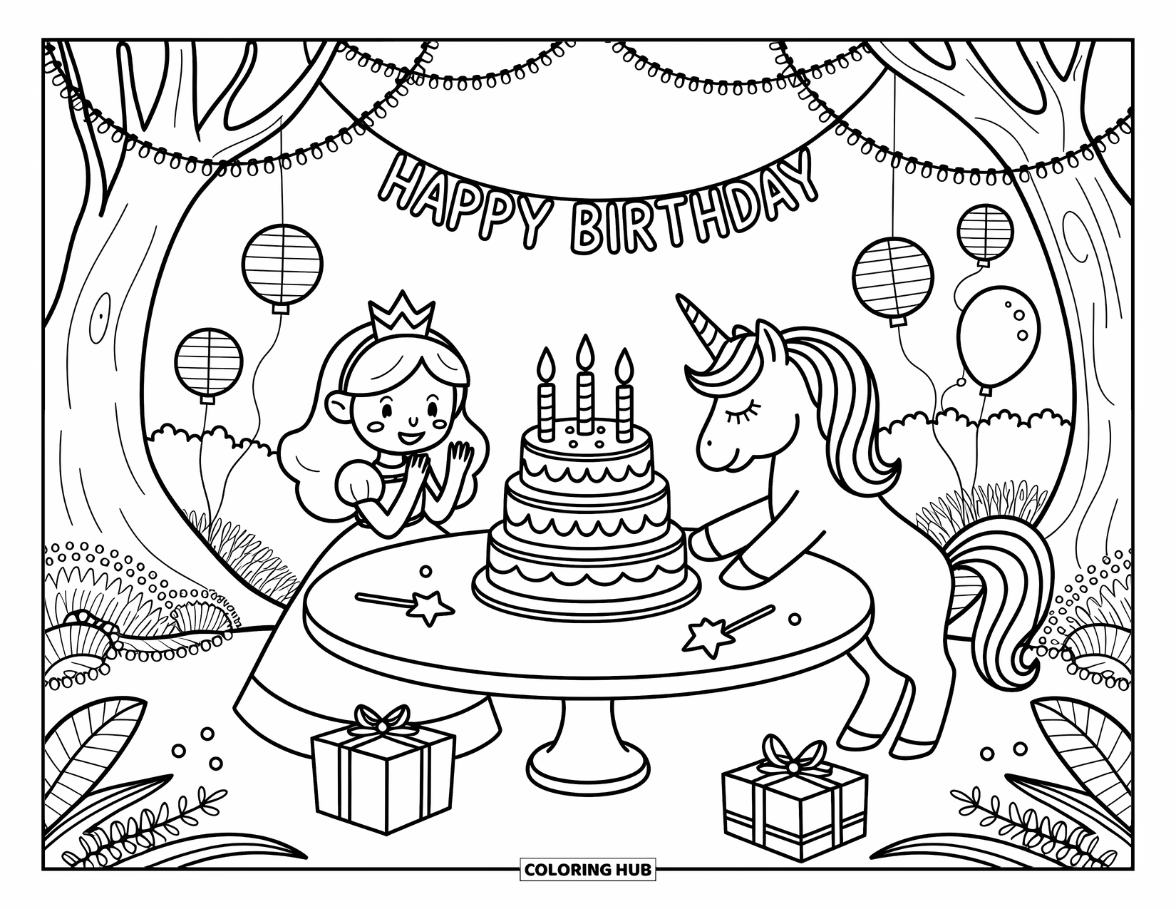 Unicorn And Princess Coloring Page for Adults: A princess and unicorn share cake under twinkling lights in the garden