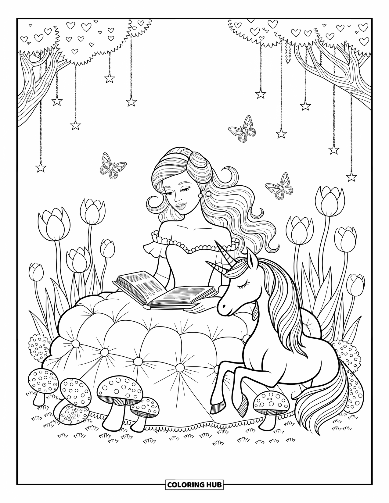 Unicorn And Princess Coloring Page for Adults: A princess and unicorn sit among flowers and glowing lanterns