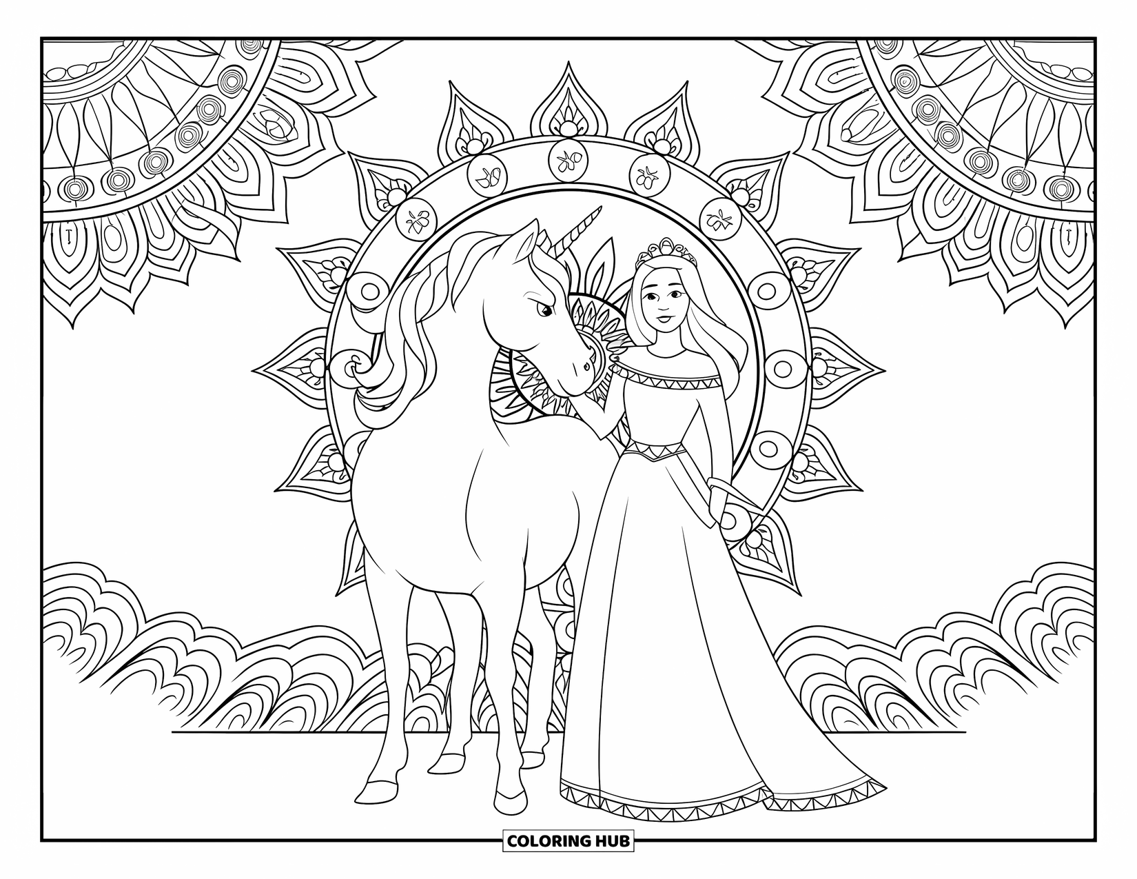 Unicorn And Princess Coloring Page for Adults: A princess and unicorn stand before a radiant mandala sun