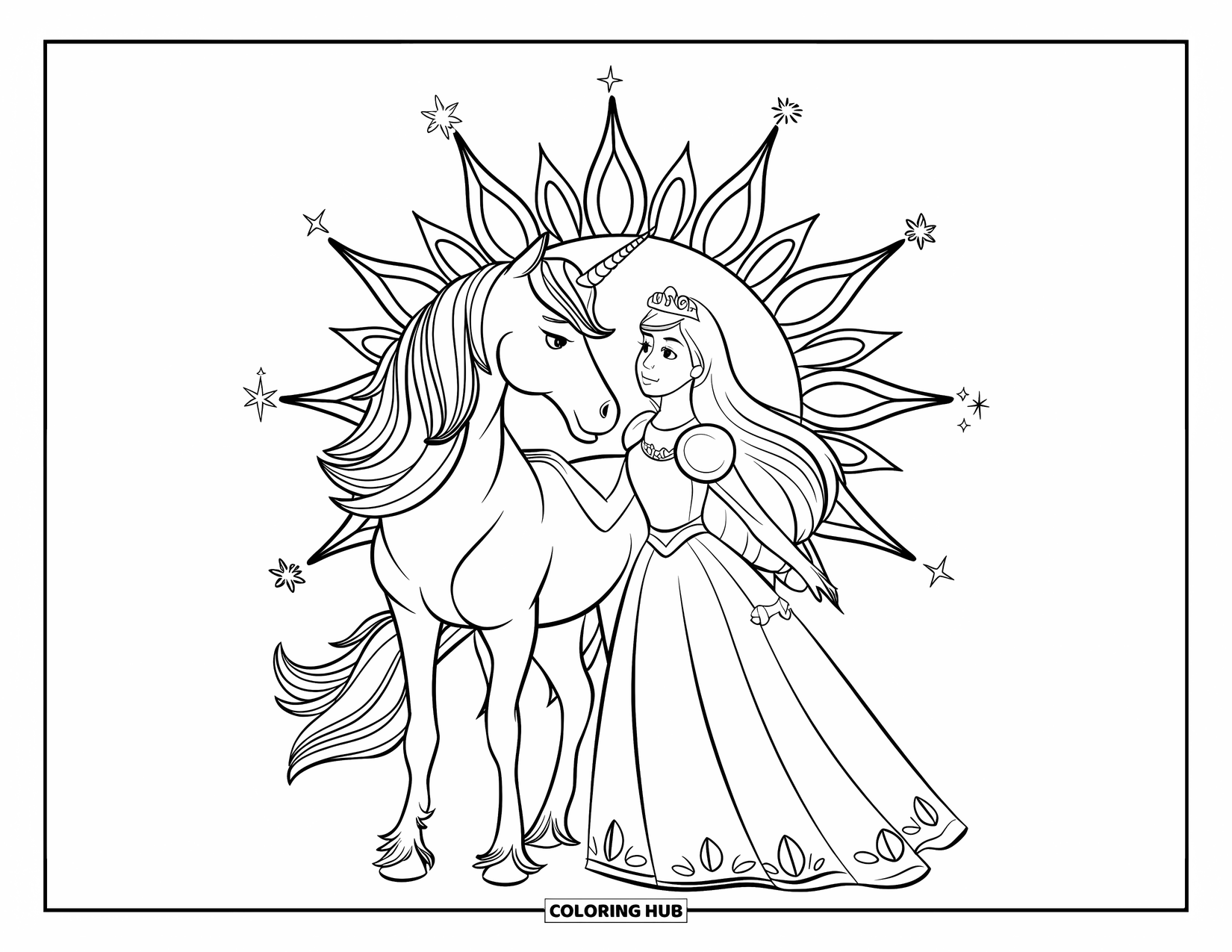 Unicorn And Princess Coloring Page for Adults: A princess holds her unicorn's horn beneath a glowing mandala sky
