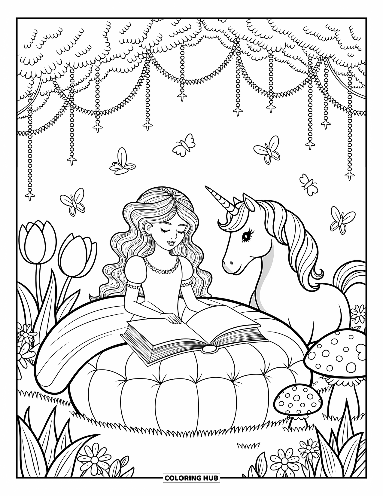 Unicorn And Princess Coloring Page for Adults: A princess reads to her unicorn under trees with twinkling lights