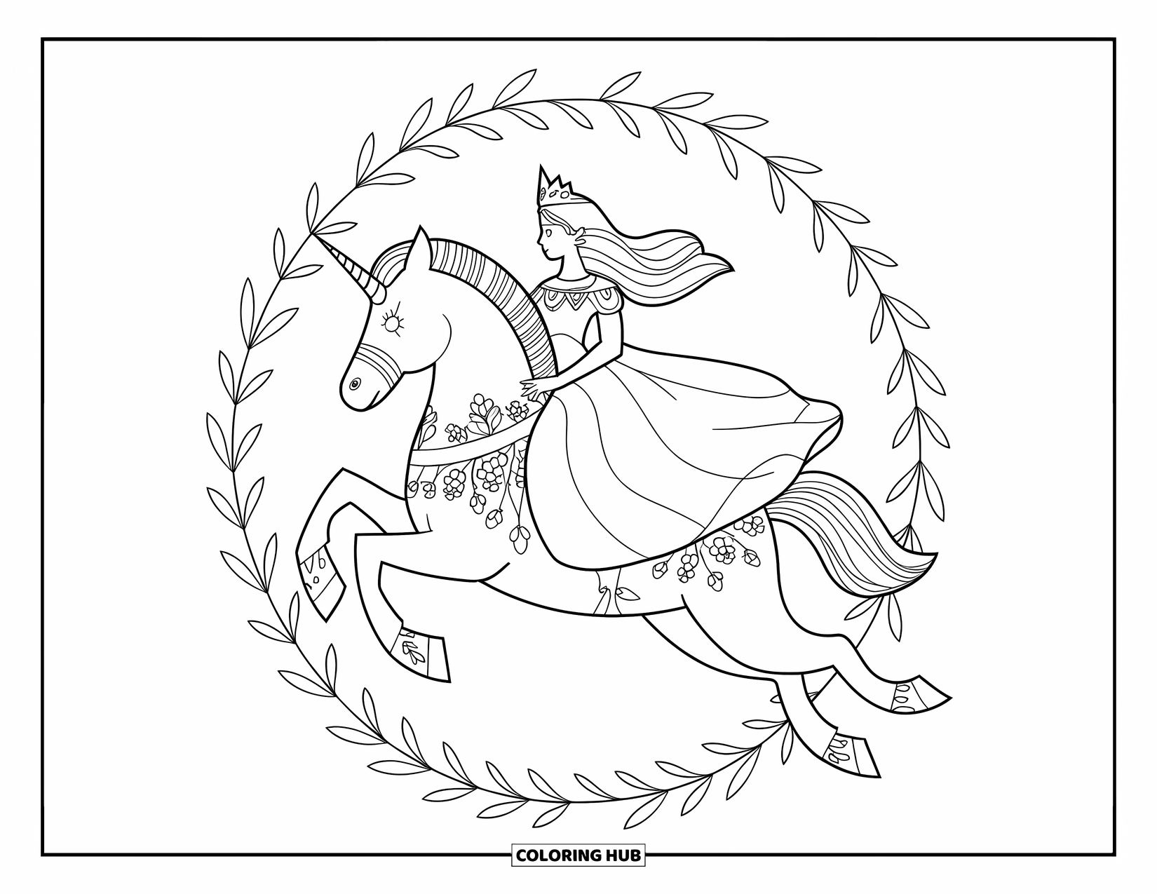 Unicorn And Princess Coloring Page for Adults: A princess rides her unicorn in a floral circle of leaves and blooms