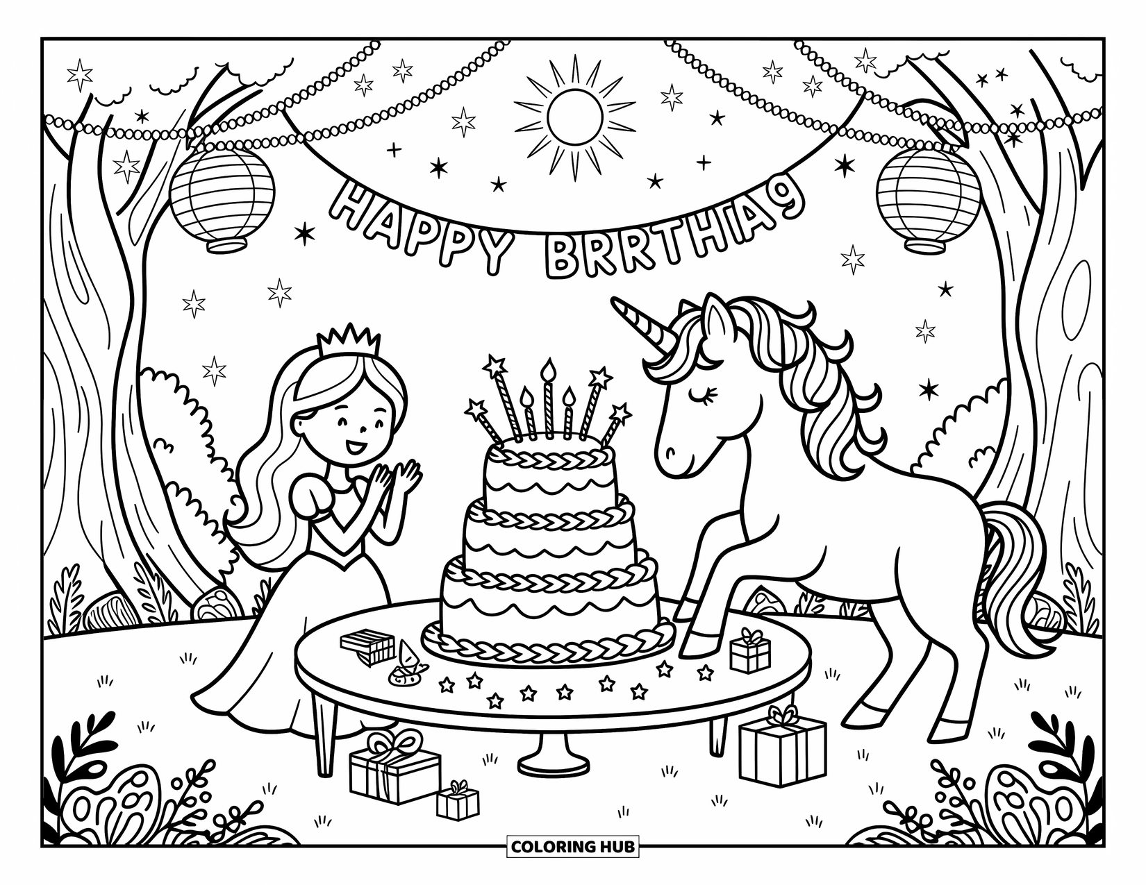 Unicorn And Princess Coloring Page for Adults: A sweet garden birthday with cake, gifts, and a happy princess and unicorn