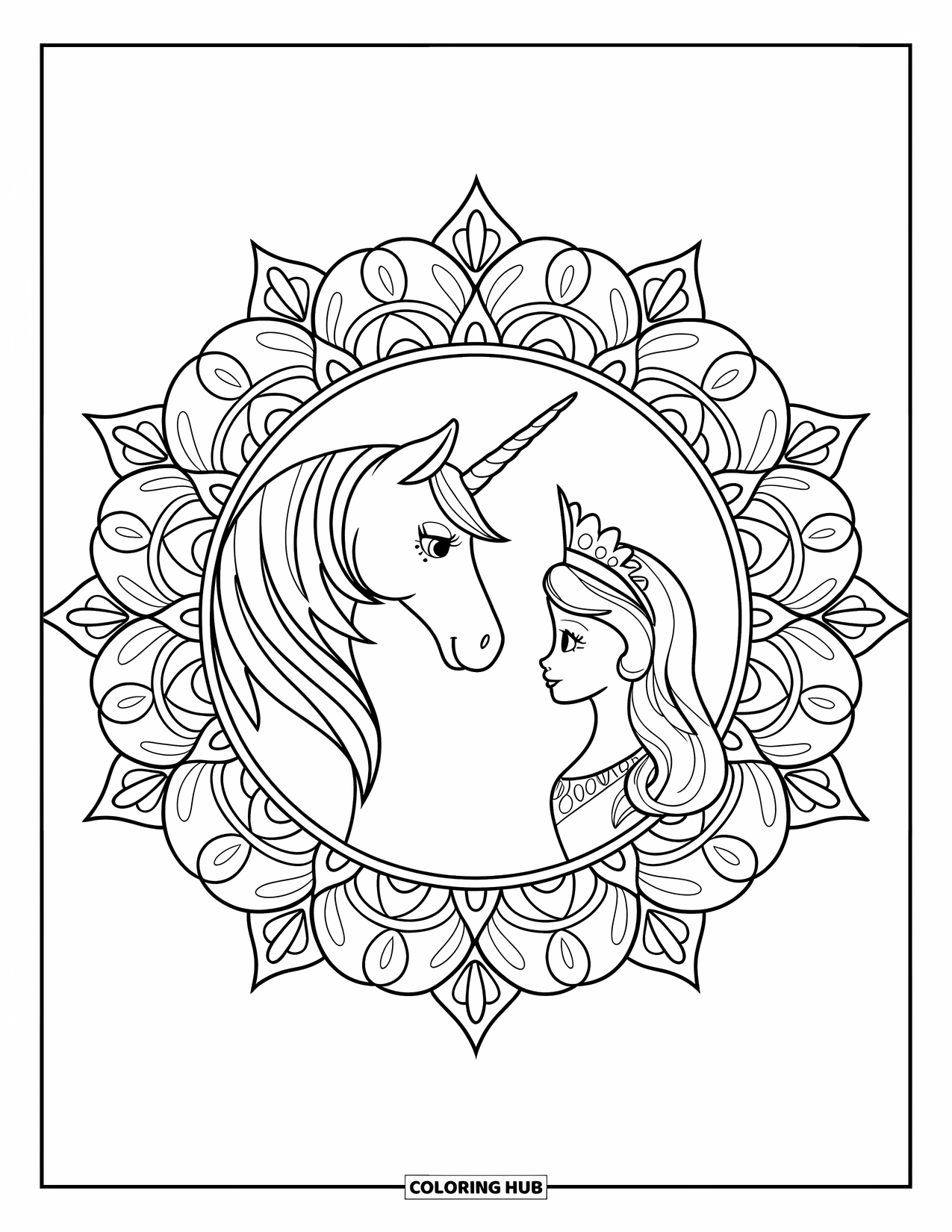 Unicorn And Princess Coloring Page for Adults: A unicorn and princess face each other in a floral mandala frame