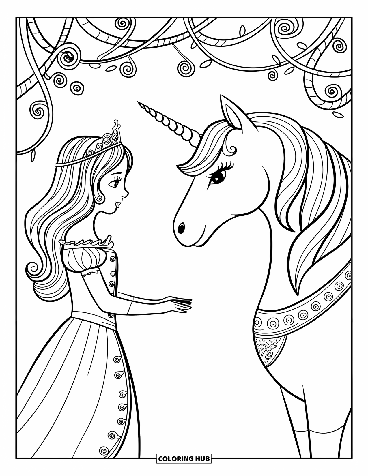 Unicorn And Princess Coloring Page for Adults: A unicorn and princess share a gentle moment under spiral vines