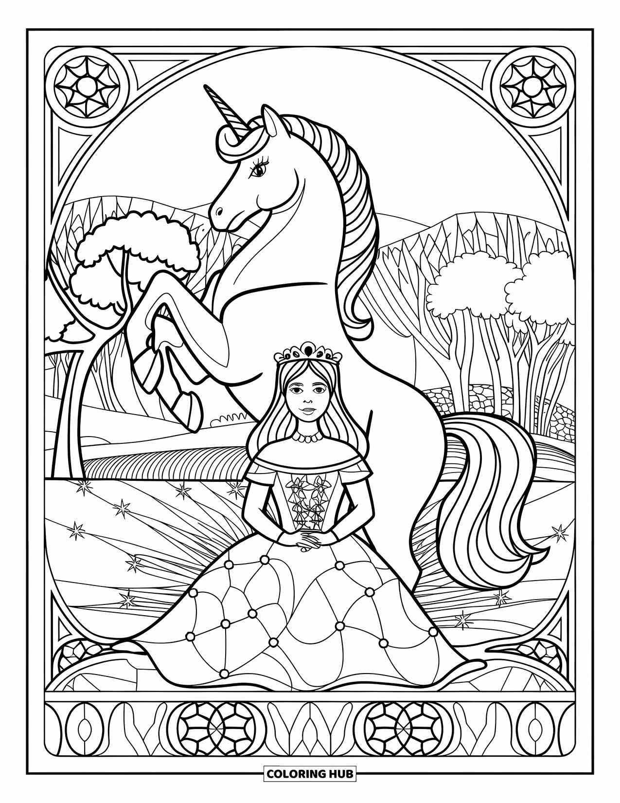 Unicorn And Princess Coloring Page for Adults: A unicorn rears behind a seated princess in a stained glass frame