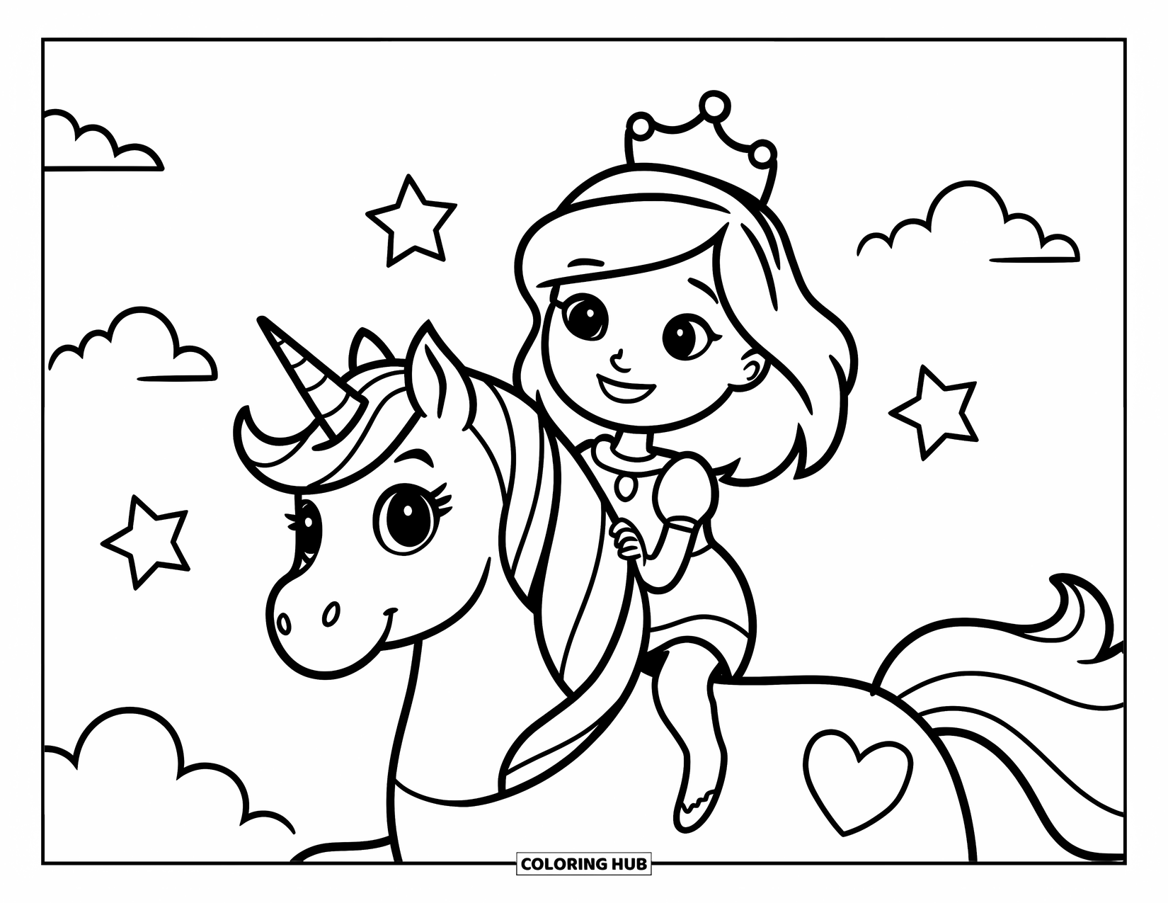 Unicorn And Princess Coloring Page for Kids: A joyful princess rides her unicorn through a sky of stars